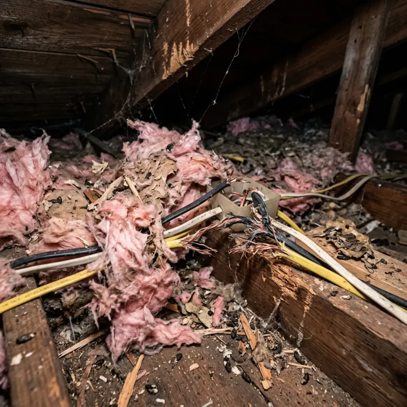 Contaminated ceiling insulation being assessed in a Pentland Hills roof space